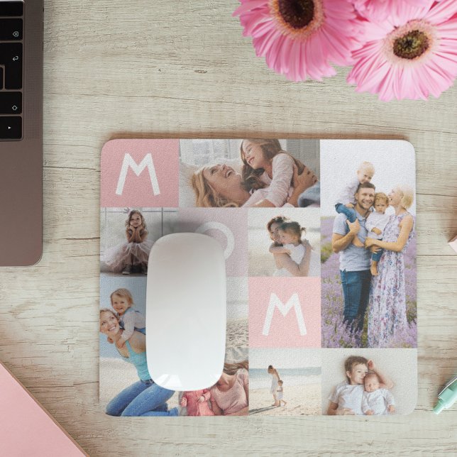 Mom Modern Photo Grid Collage Family Keepsake Pink Mouse Pad (Creator Uploaded)