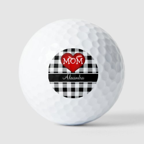 MOM Monogram Buffalo Plaid Black white red heart Golf Balls