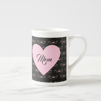 Mom Mothers Day Heart on Vintage Black Floral Bone China Mug