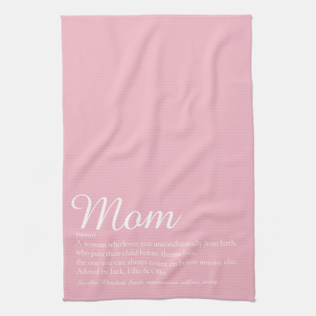 Mom, Mum, Mother Definition Script Pink Kitchen Towel (Vertical)