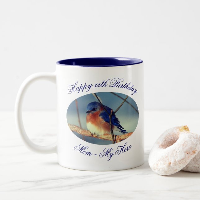 Mom My Hero Happy Birthday Bluebird Personalized  Two-Tone Coffee Mug (With Donut)