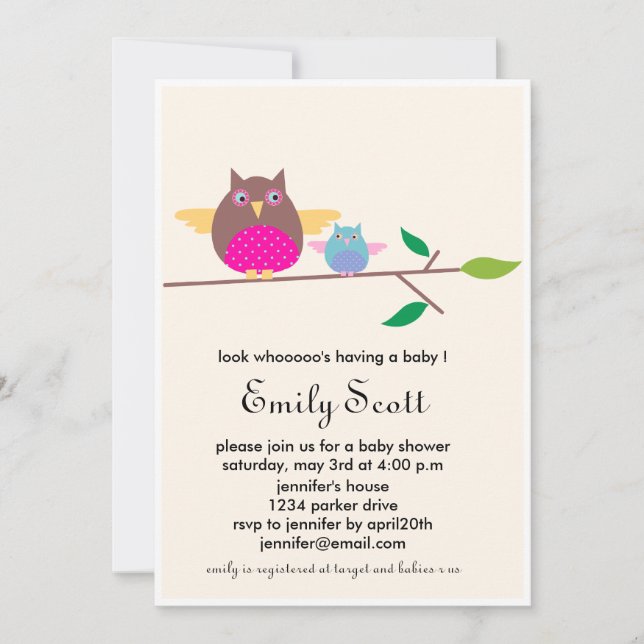 Mom n Baby owl -  Cream baby shower invites (Front)