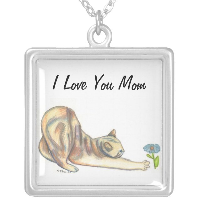 Mom Necklace, Cat Lovers Art Silver Plated Necklace (Front)