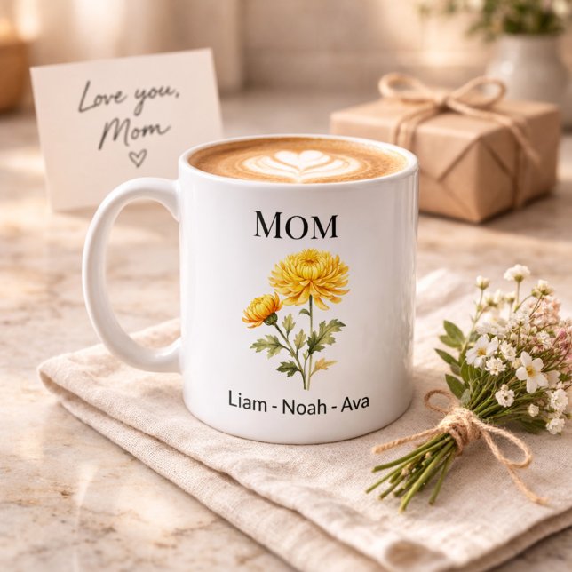 Mom November Birth Flower with Kids Names Coffee Mug (Creator Uploaded)