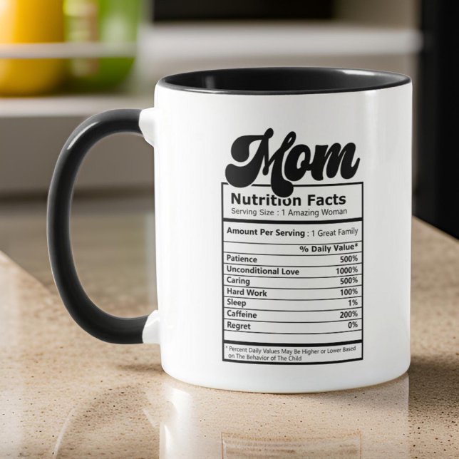 Mom Nutrition Facts Modern Black and White Funny Mug (Creator Uploaded)