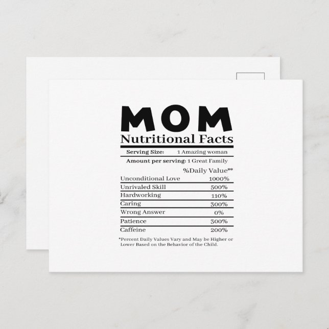 Mom Nutritional Facts Postcard (Front/Back)