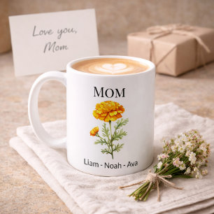 Mom October Birth Flower with Kids Names Coffee Mug