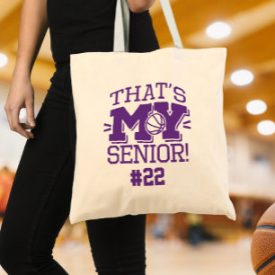 Mom of Basketball Senior Jersey Number Purple Tote Bag