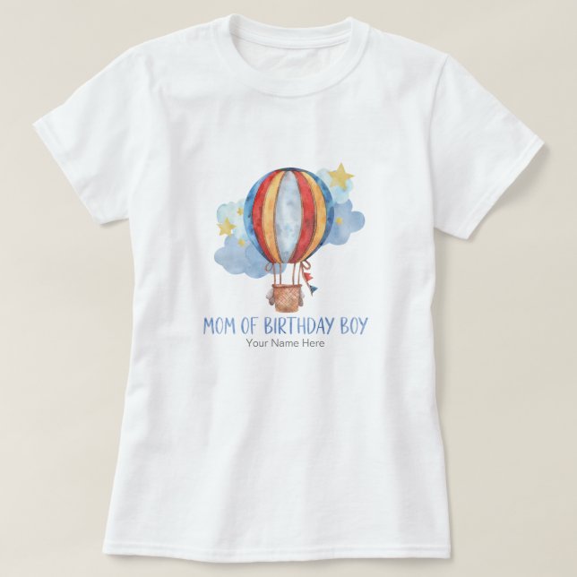 Mom of Birthday Boy Blue Red Hot Air Balloon Stars T-Shirt (Design Front)