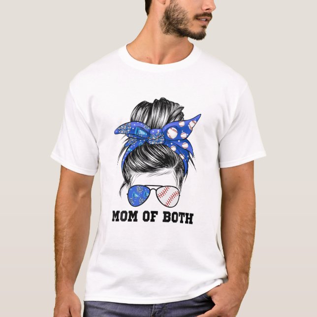 Mom Of Both Baseball Mom Cheer Mom Messy Bun Mom W T-Shirt (Front)