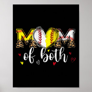 Mom Of Both Baseball Softball Heart Leopard Mother Poster