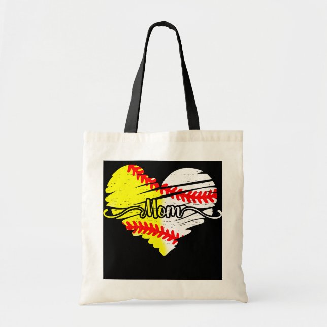 Mom Of Both Mom Heart Ball Baseball Softball Mom Tote Bag (Front)