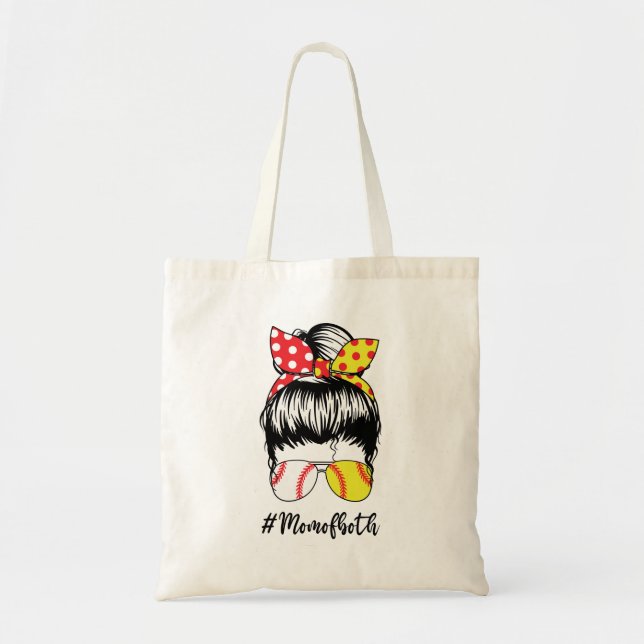 Mom of Both Softball Baseball Funny Mom Messy Bun  Tote Bag (Front)