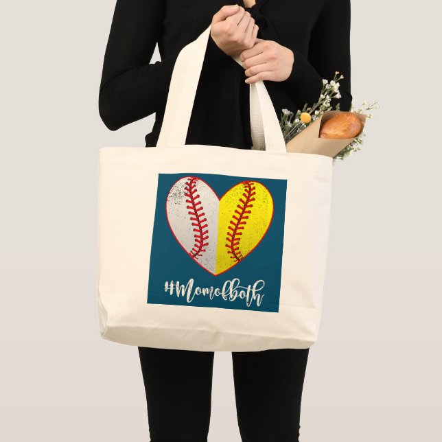 Mom Of Both Softball Baseball Heart Mother's Day Large Tote Bag (Front (Product))