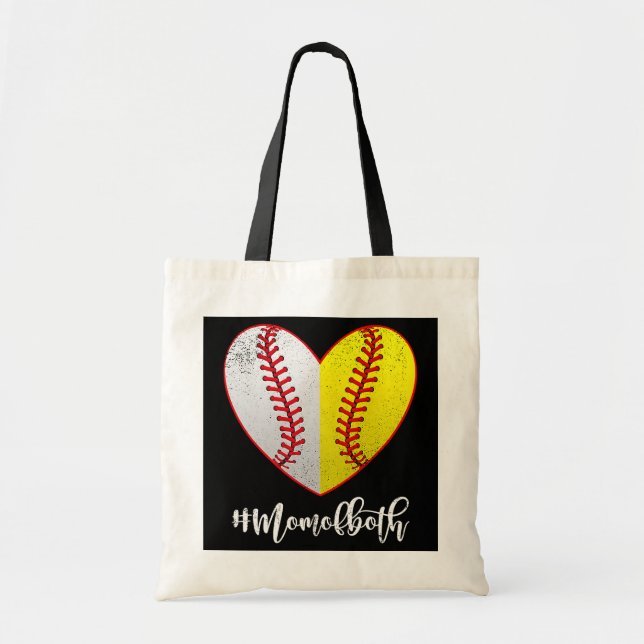 Mom Of Both Softball Baseball Heart Mother's Day Tote Bag (Front)