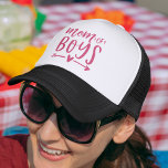 Mom of Boys Trucker Hat<br><div class="desc">Are you a mother to a brood of boys? Celebrate your boy mom status with this cute trucker hat featuring the saying "mom of boys" in vibrant fuchsia pink hand lettered typography with a heart and arrow illustration. Make a beloved mommy smile this Mother's Day with this cute hat featuring...</div>