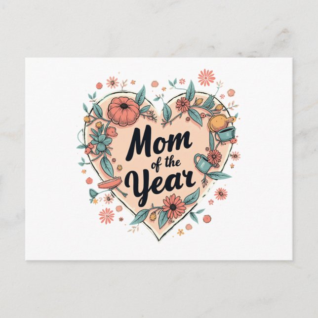 Mom of the Year Floral Heart Design Holiday Postcard (Front)