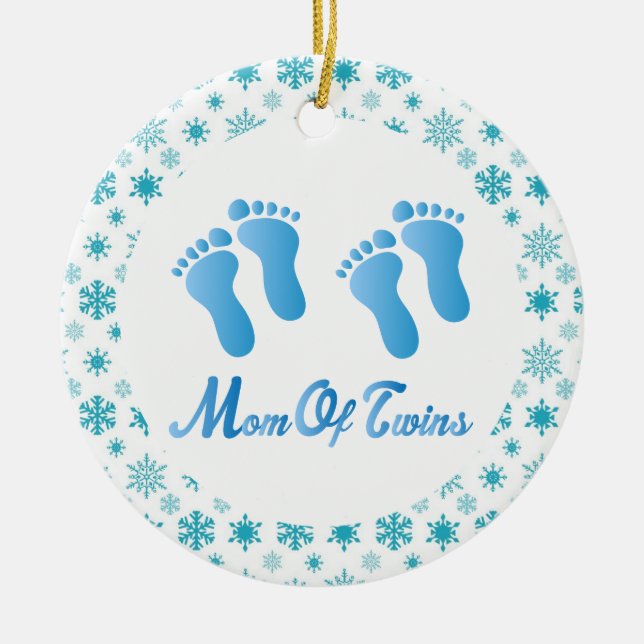 Mom Of Twins Blue Footprints Keepsake Gift Ceramic Ornament (Front)