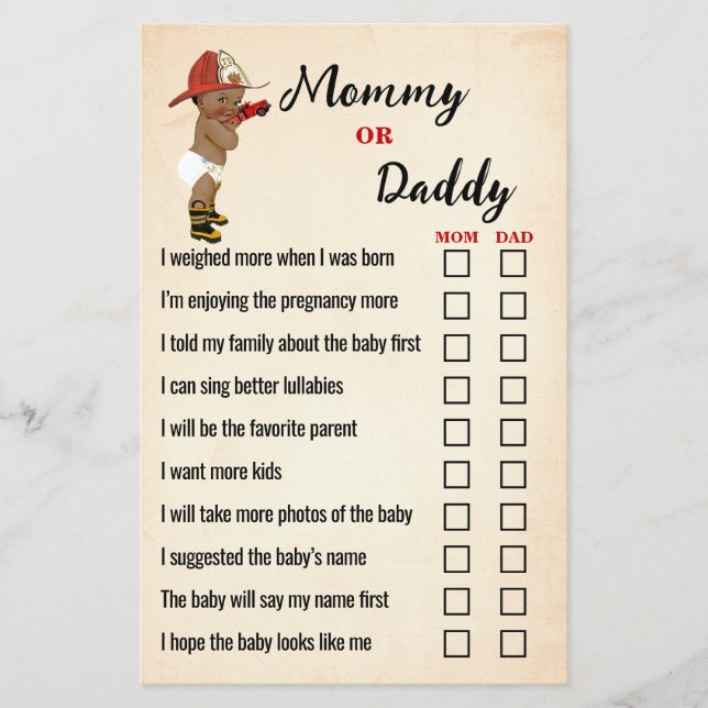 Mom or Dad AA Firefighter Baby Shower Game Card Flyer (Front)