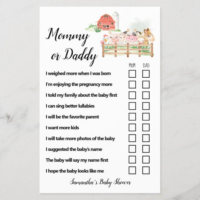 Mom or Dad Farm Animals Baby Shower Game Card Flyer (Front)