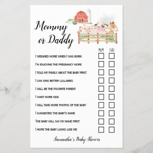 Mom or Dad Farm Animals Baby Shower Game Card Flyer