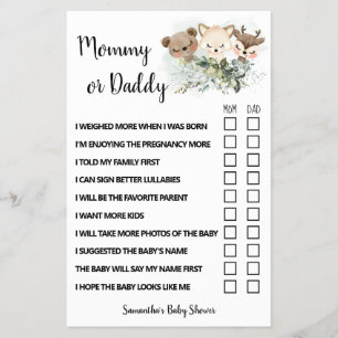 Mom or Dad Forest Animals Baby Shower Game Card Flyer