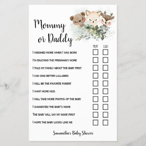 Mom or Dad Forest Animals Baby Shower Game Card Flyer