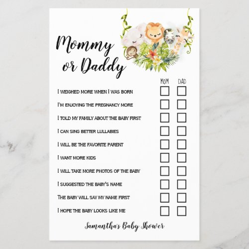 Mom or Dad Jungle Animals Baby Shower Game Card Flyer