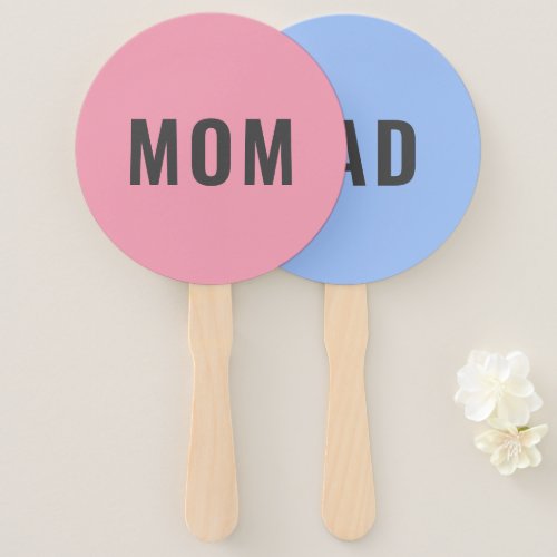 Mom or Dad  Modern Pink Blue Baby Shower Game Hand Fan