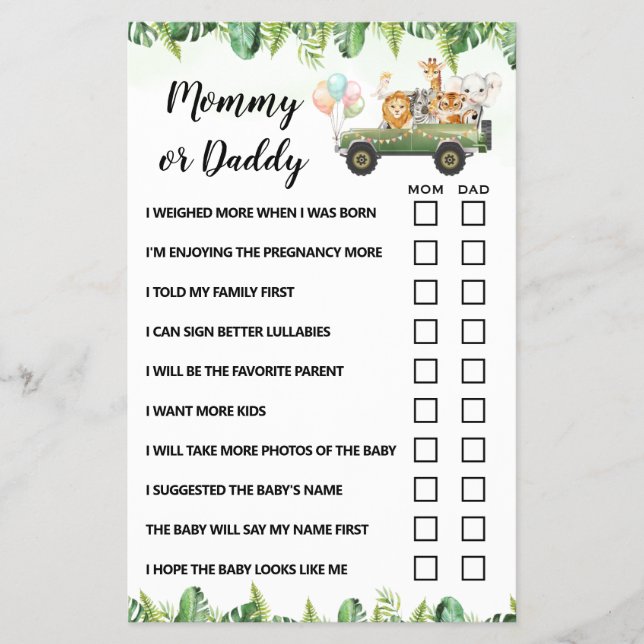 Mom or Dad Safari Animals Baby Shower Game Card Flyer (Front)