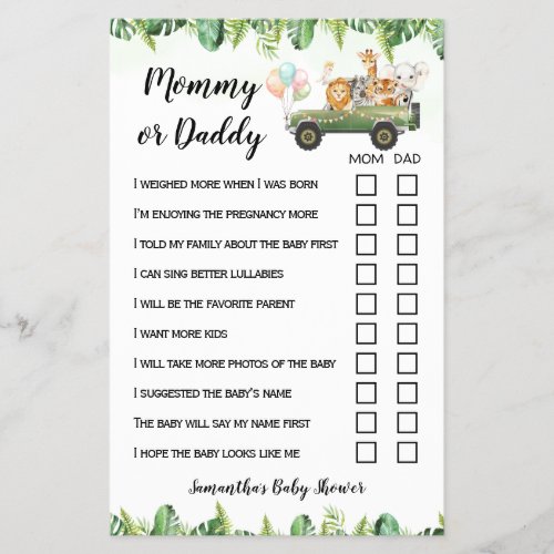 Mom or Dad Safari Animals Baby Shower Game Card Flyer