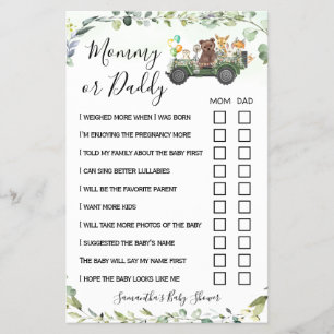 Mom or Dad Woodland Animals Baby Shower Game Card Flyer