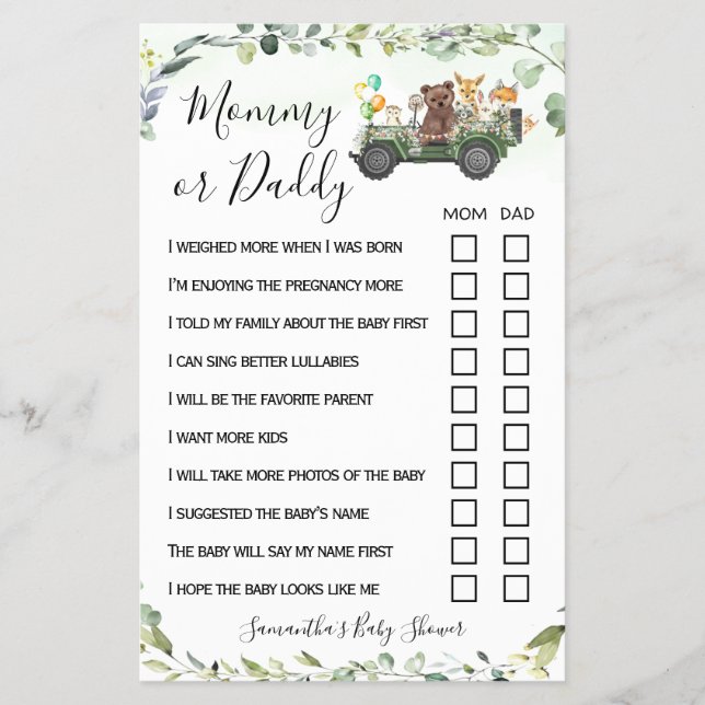 Mom or Dad Woodland Animals Baby Shower Game Card Flyer (Front)