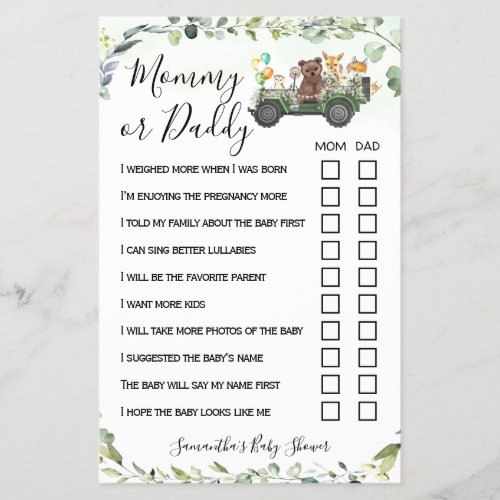 Mom or Dad Woodland Animals Baby Shower Game Card Flyer