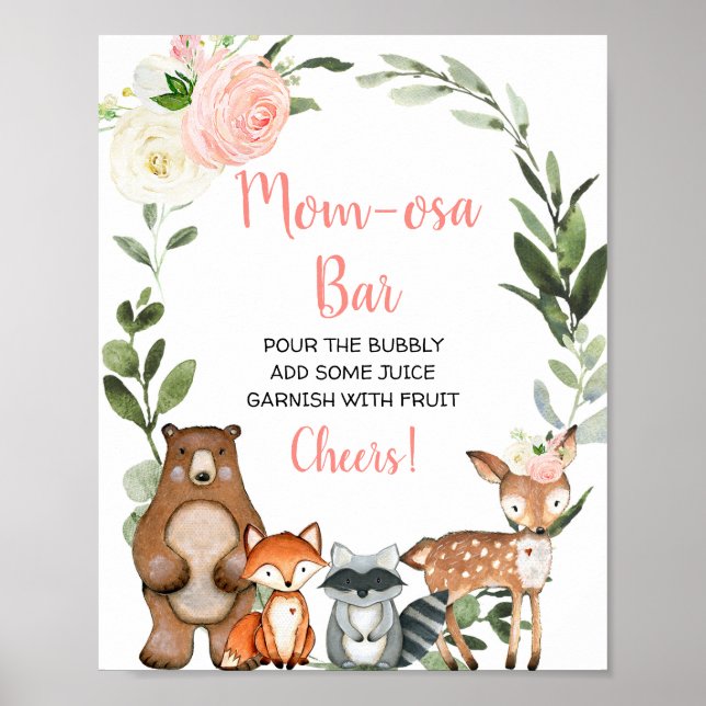 Mom-osa bar mimosa floral woodland baby shower poster (Front)