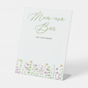 Mom-osa Bar Yellow Pink Wildflower Baby Shower Pedestal Sign