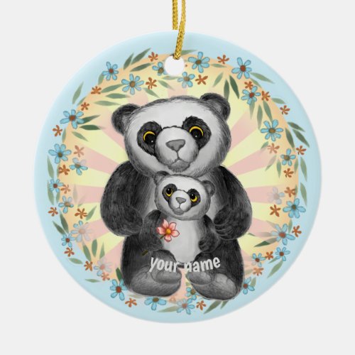 Mom Panda Bear custom name Ceramic Ornament