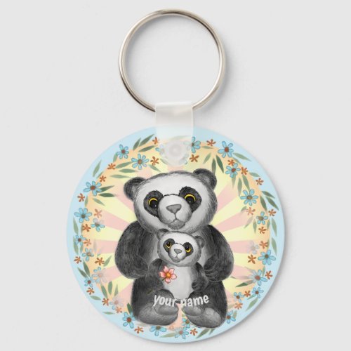 Mom Panda Bear Love custom name keychain