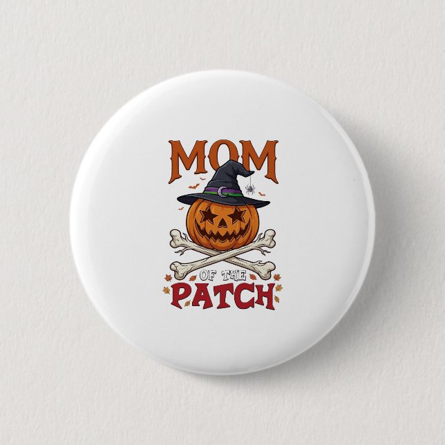 Mom Patch Halloween Pumpkin Witch Hat Crossbones_1 Button (Front)