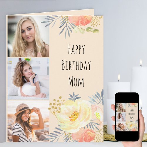 Mom Peach Feminine Floral 3 Photo Birthday Card