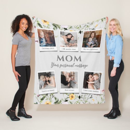 Mom Personal Message 6 Photos Watercolor Flowers Fleece Blanket