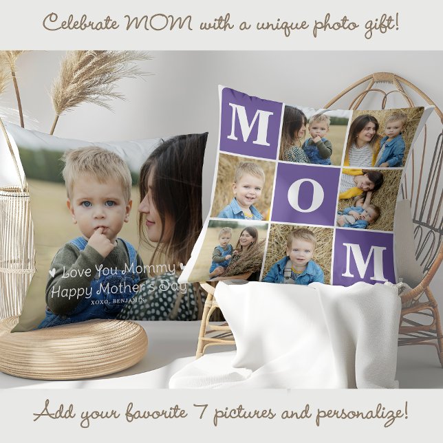 MOM Personalized 7 Photo Collage Trendy Purple Throw Pillow (Creator Uploaded)