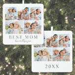 Mom Photo Collage Christmas Metal Ornament<br><div class="desc">Personalized "Best Mom" Square Christmas Ornament. This simple and elegant square ornament is a heartfelt way to celebrate Mom during the holiday season. The design features space for five personal photos, with "Best Mom" displayed underneath in a classic serif font. Beneath that, you can add "Love, the Kids' Names" in...</div>