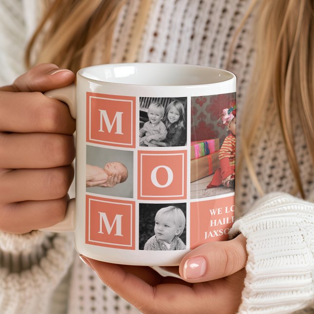 Mom Photo Collage Coral Pink Mothers Day Coffee Mug (Creator Uploaded)