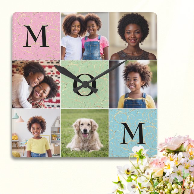 Mom Photo Collage Stylish Mother's Day Square Wall Clock (An elegant square wall clock for Mom, customizable with 6 favorite photos)