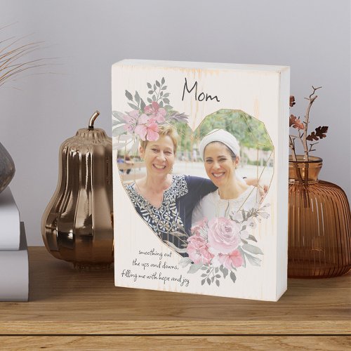 Mom Photo Floral Frame Geometric Gold Heart Wooden Box Sign