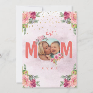 Mom Photo, Flowers And Custom Message Holiday Card