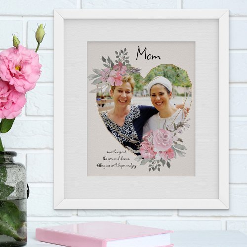 Mom Photo Gold Heart Shaped Pink Floral Frame Poster