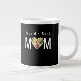 Mom Photo in Black Heart Frame Modern Text Giant Coffee Mug