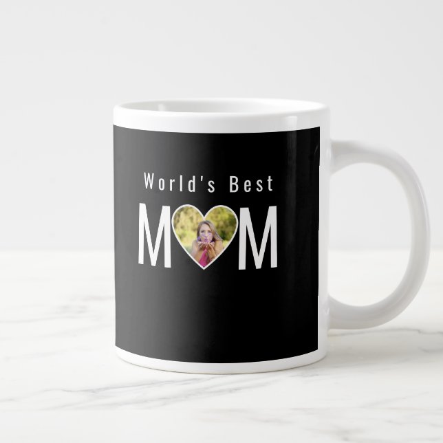 Mom Photo in Black Heart Frame Modern Text Giant Coffee Mug (Right)